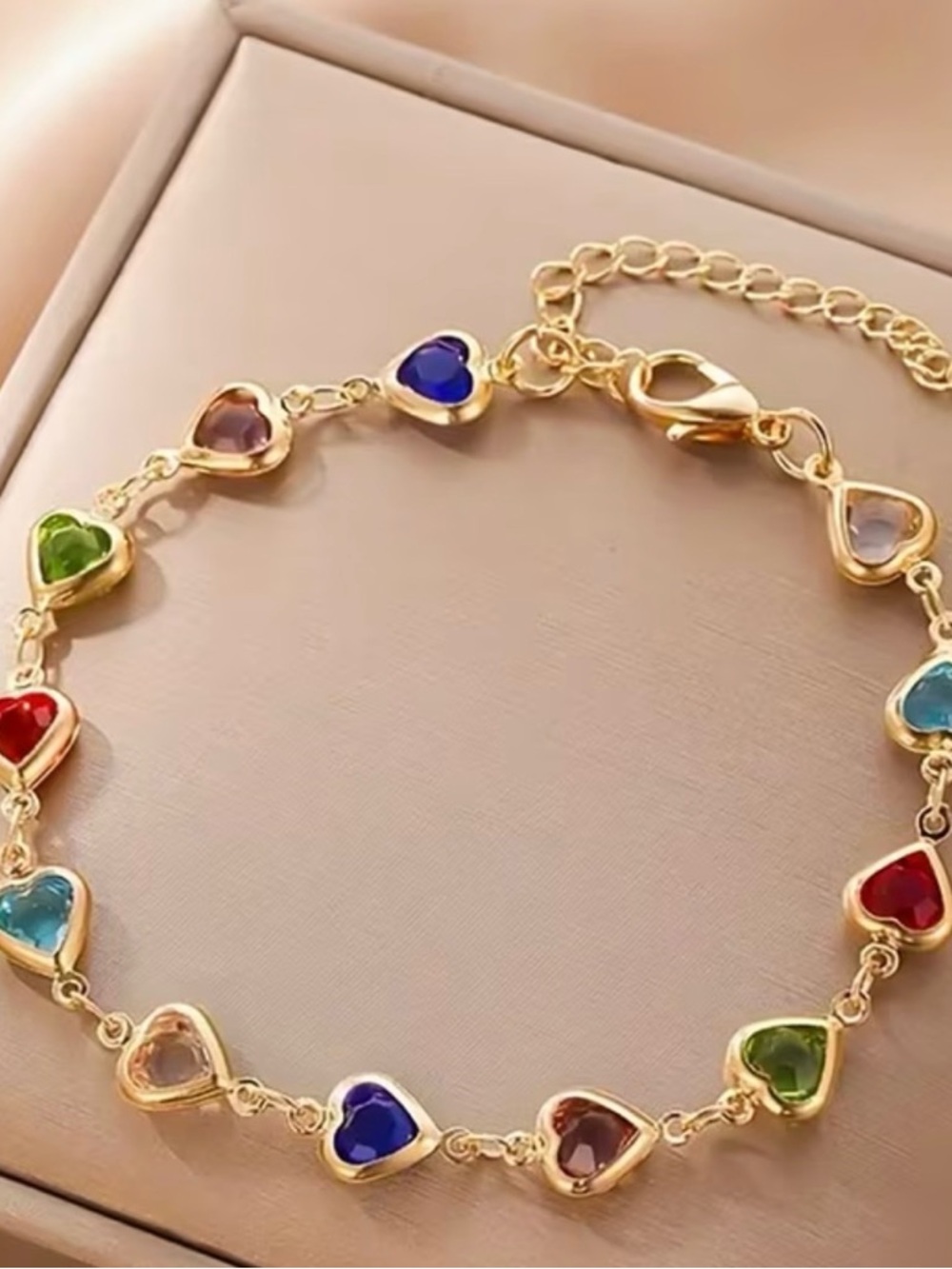 Gold Heart Bracelet with Multicolor Gem Hearts - Picture 2 of 2